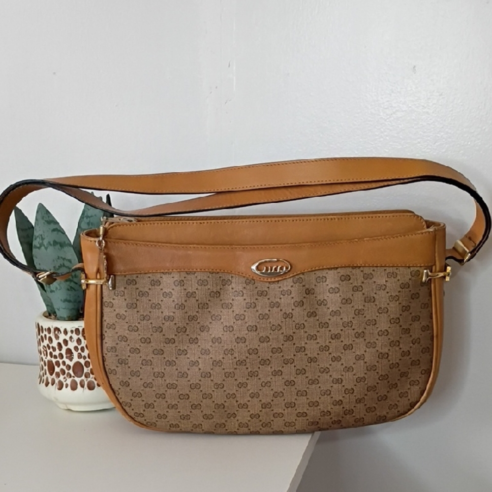 Gucci Brown Monogram Crossbody Bag with Tan Leather Trim